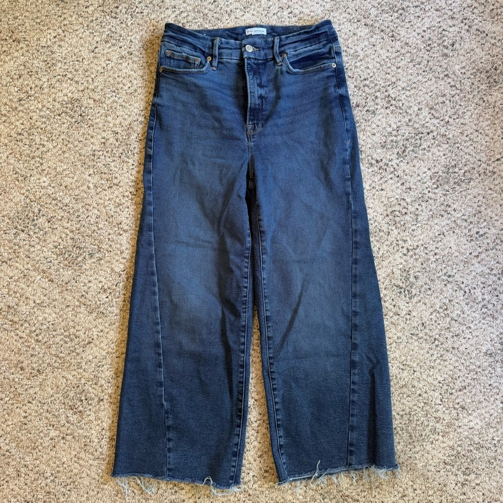 Good American Good Waist Cropped Palazzo Jeans in Indigo
